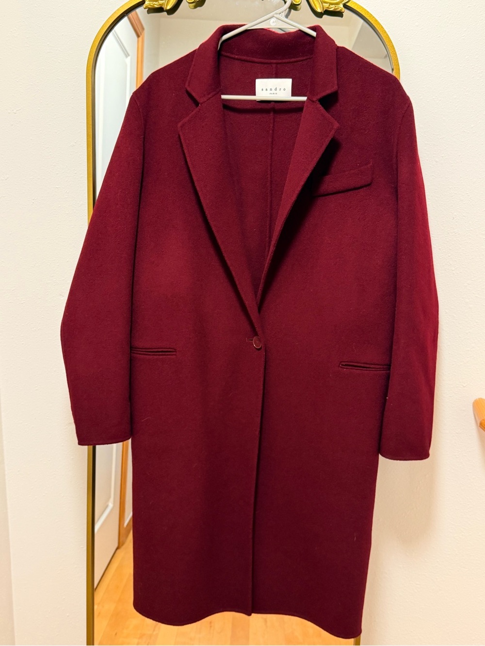 Sandro Deep Maroon Single-Button Wool Trench Coat